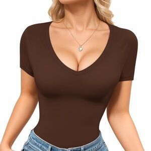 MANGOPOP Women's Short Sleeve Bodysuit Sexy V Neck Body Suits Fitted - Size XS